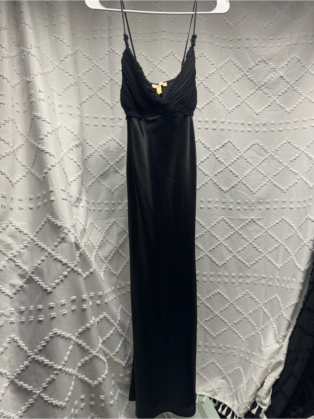 Flora Nikroz Black Satin Midi Slip Dress with Beaded Lace Trim